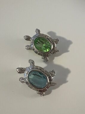 Zales Silver Turtle Brooches with Green and Blue Stones